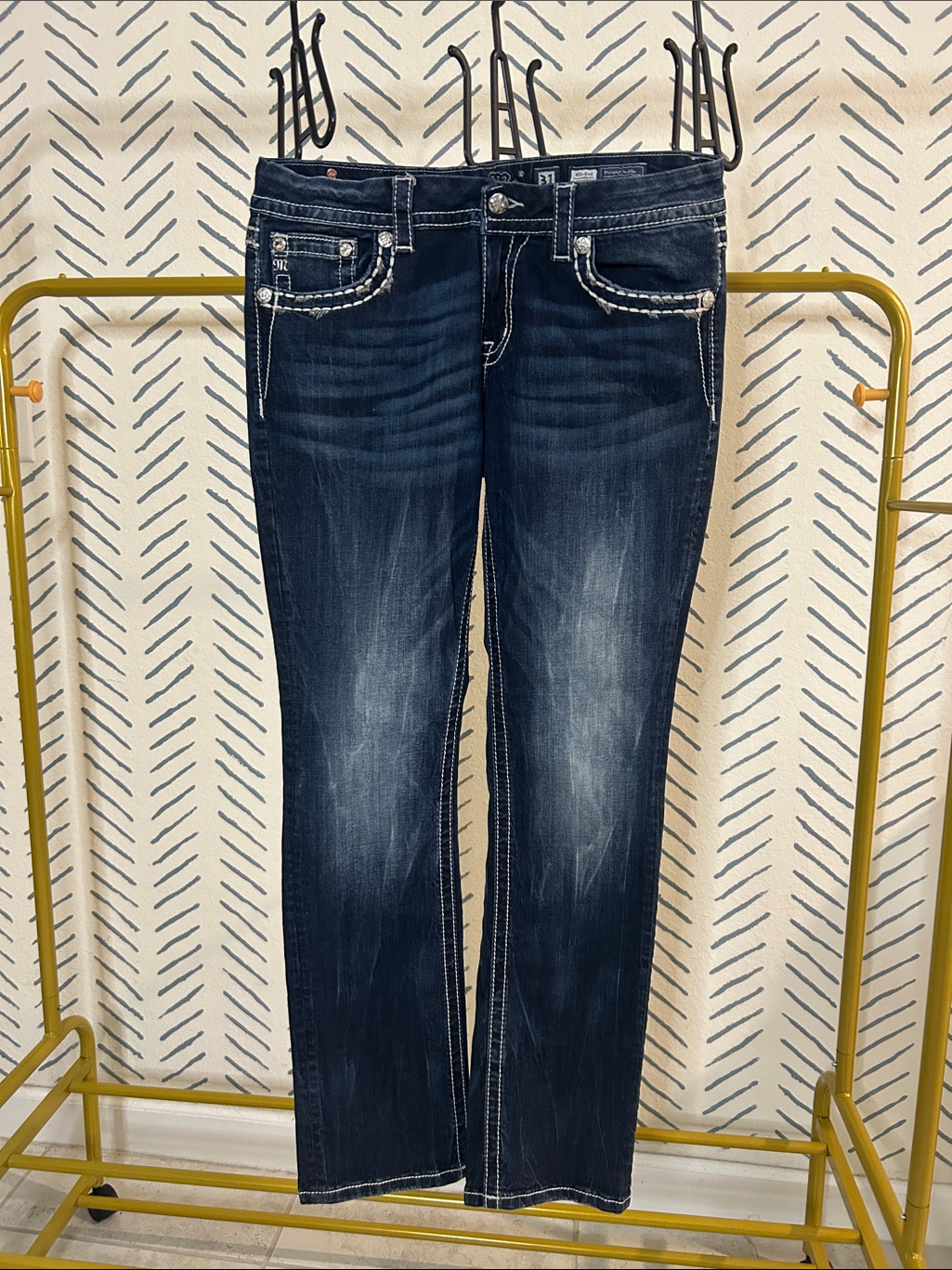 Miss Me Dark Blue Straight Leg Jeans With White Contrast Stitching